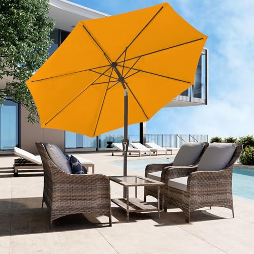 Image of JEAREY 9FT Outdoor Patio Umbrella Outdoor Table Umbrellas with Push Button Tilt and Crank, Market Umbrella 8 Sturdy Ribs UV Protection Waterproof for Garden, Deck, Backyard, Pool (Sun Orange)
