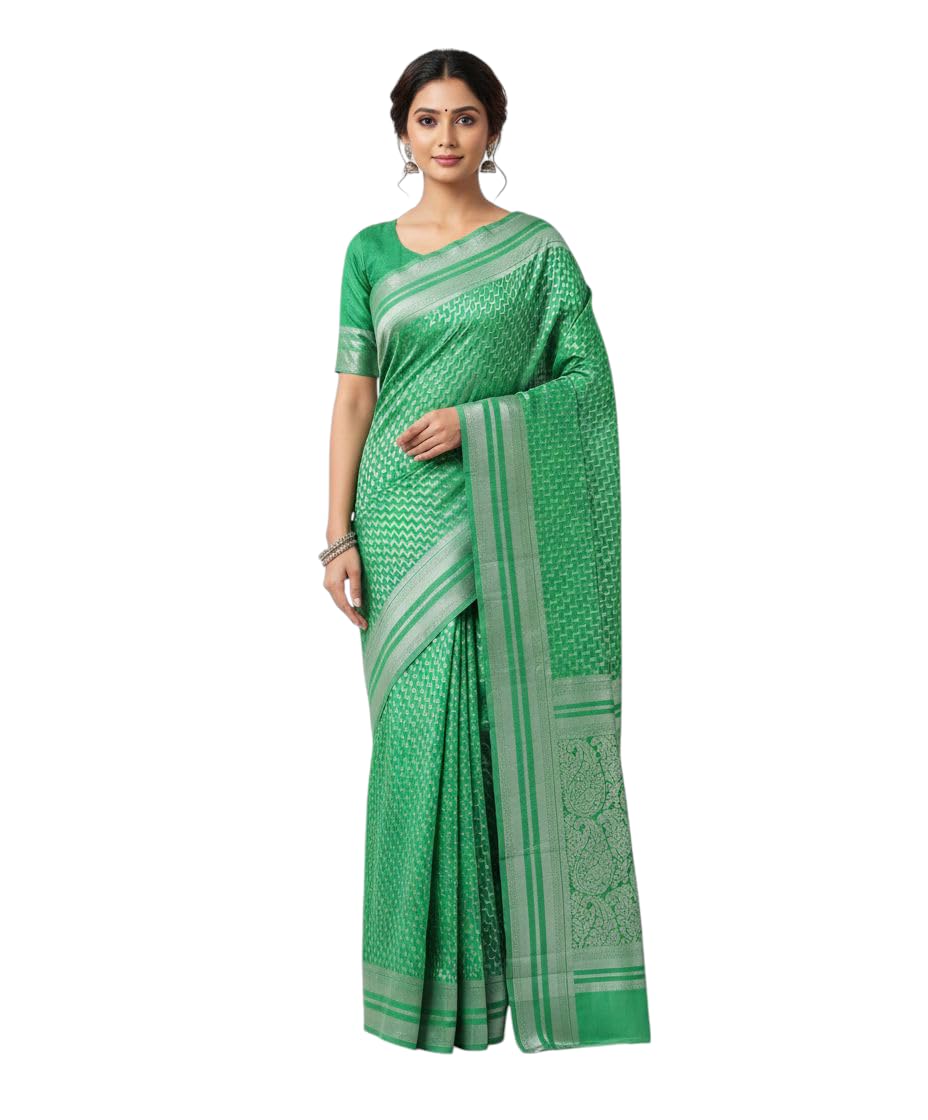 Traditional Woven Silk Cotton Saree, Green with Silver Zari Border, Geometric Pattern-image-40