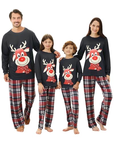 DDKJ Pijama Navidad Familia,Pijama Familiar a Juego con Estampado de Reno con Bufanda,Pijamas Navideños Familia Top Azul Oscuro,Pantalón de Cuadros Rojos y Azules,Pijamas Navidad Niños/Adultos