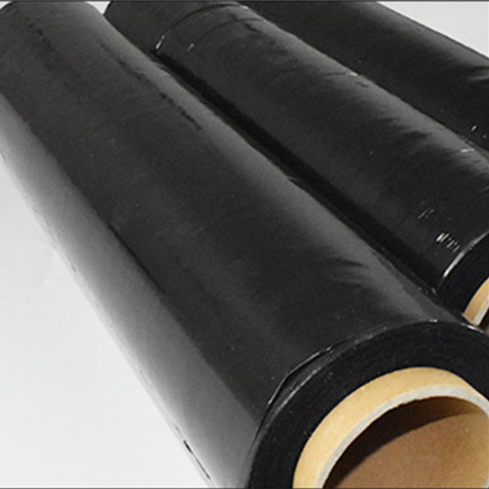 WELSTIK Film Negro para Embalar, 40 cm x 250 m, Con Mango de Plástico, para Embalaje de Palés, Transporte, Estabilidad y Protección, (Negro, 4 Rollos)