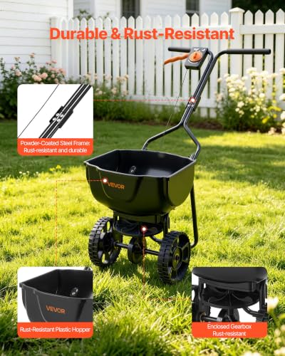 Image of VEVOR Broadcast Spreader 15 lbs Capacity Hopper Walk-Behind Push Spreader | For Lawn & Garden Small Home Use, 9.8 ft Spreading Width, 10 inch All-Terrain Tires, Adjustable Flow Control for Fertilizer Seed | For Lawn & Garden Small Home Use, 9.8 ft Spreading Width, 10 inch All-Terrain Tires, Adjustable Flow Control for Fertilizer Seed