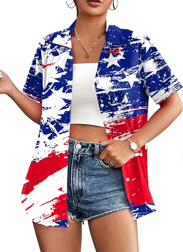 Image of American Flag Shirt for Women 4th of July USA Button Up Tops Summer Hawaii Floral Patriotic Stripes Graphic Tee