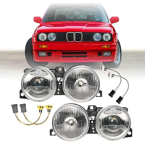 USR DEPO 84-91 E30 3 Series WITH LED UPGRADES - Euro Smiley Projector Glass Lens Headlight Assembly (Left + Right) Compatible with 1984-1991 BMW E30 3-Series including M3 (w/LEDs + Wiring, PlugnPlay)