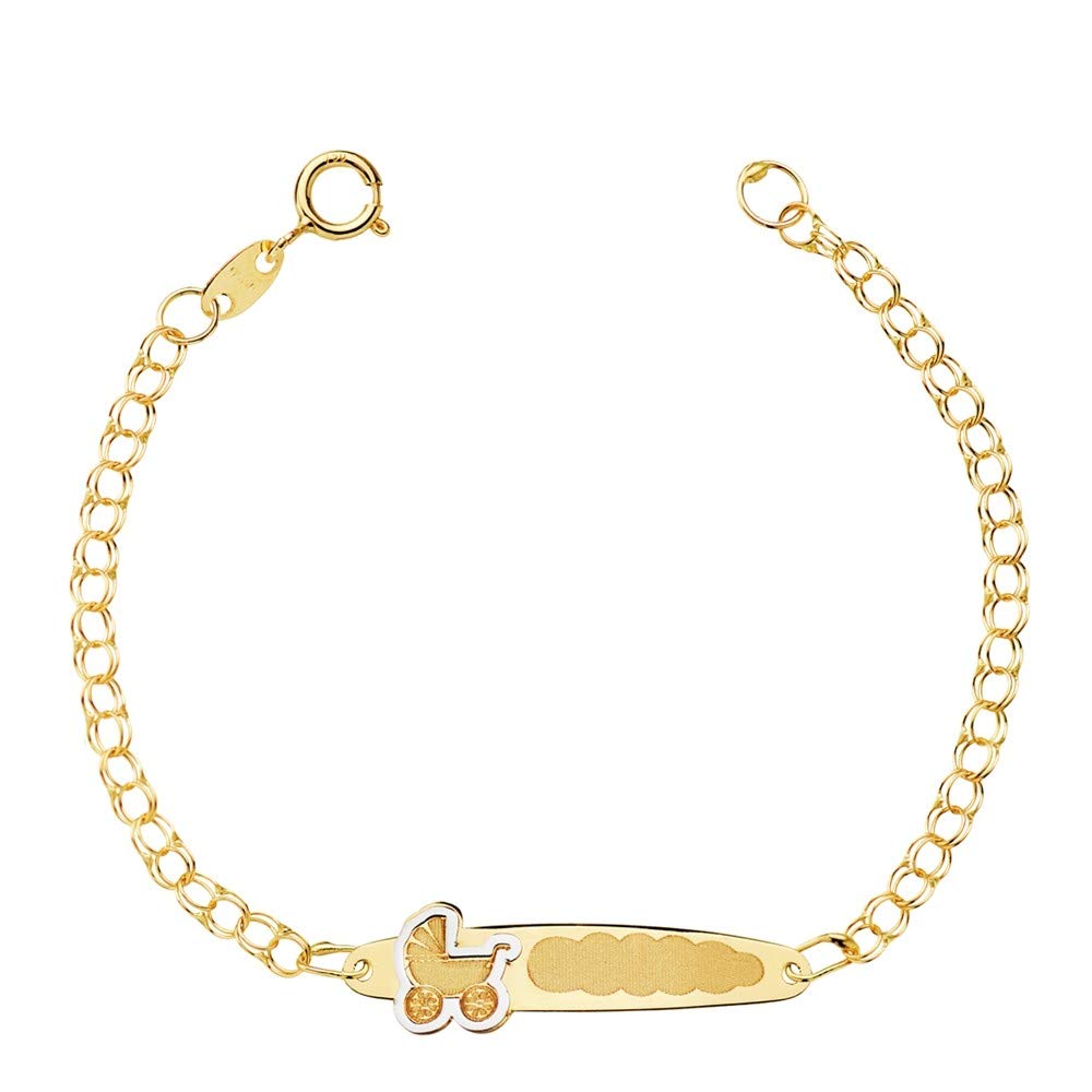 Esclava oro 18k bebé 13.5cm. doble cadena húngara chapa detalle carrito bicolor cierre reasa
