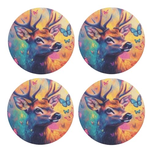 BoltPack Posavasos redondos con diseño de ciervos y mariposas con base de corcho, juego de 4 posavasos, alfombrilla de protección de mesa para tazas y tazas
