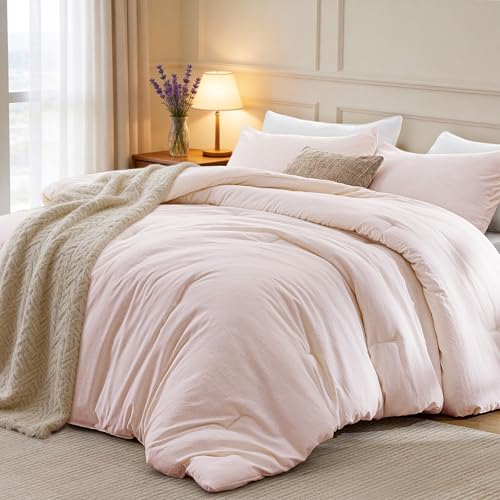 Loves cabin Twin/Twin XL Comforter Set Pink 2-Piece 90% Polyester 10% Linen Blend Bedding Set Linen-Look Textured Stripe Down Alternative All-Season Comforter with Pillow Sham