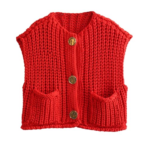 Ainangua Sleeveless Cropped Cardigan for Women Casual Chunky Knit Tank Tops Button Down Open Front Sweater Vest with Pockets X-Small Red