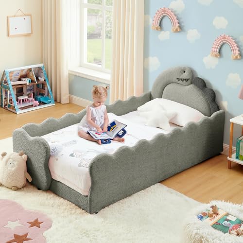 Image of Twin Size Kids Bed with Dinosaur Headboard, Upholstered Boucle Fabric Twin Daybed with Slats Support & Side Pocket, Space-Saving Wooden Corner Sofa Couch Day Bed Frame for Girl, Boy, Teenager(Grey)