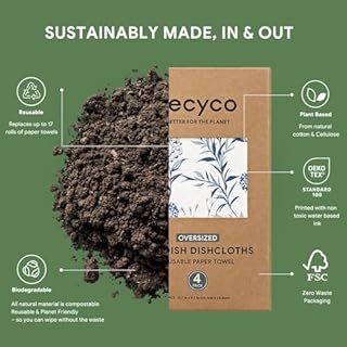 RECYCO Swedish Dishcloths for Kitchen | 4 Pack Oversized Washable Dish Rags | Large Cellulose Reusable Cleaning Paper Towels | Absorbent Counter Dish Cloth Sponge XL Kitchen Wipes, 12" L x 10" W