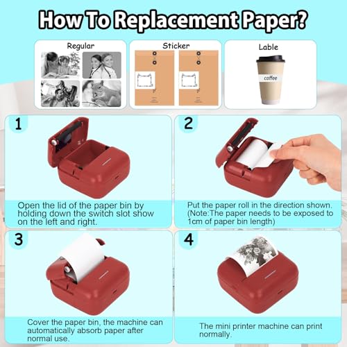 Image of HuiJuKeJi Mini Printer, Pocket Printer, Mini Photo Printer for Smartphone, Sticker Printer, Thermal Photo Printer for Journal, Travel Logo, Notes, Journal, List, Memo (Red)