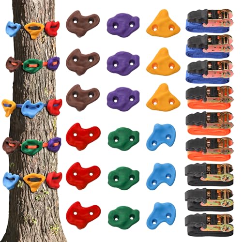 Youeon 18 Pcs Tree Climbing Holds for Kids with 9 Ratchet Straps, Tree Climbing Kit, Outdoor Climbing Toys for Kids & Adults, Outdoor, Backyard, Gym, Obstacle Course Training