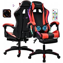 Gaming Chair with Speakers, Bluetooth Gaming Chair with LED Lights and Footrest, Height Adjustable Massage Computer Chair Lumbar Support for Adults Black Red