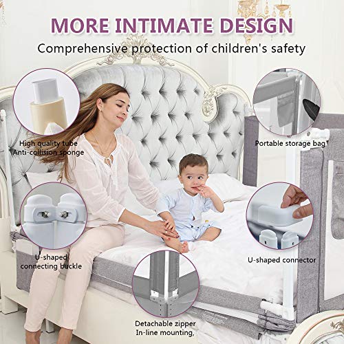 SURPCOS Bed Rails for Toddlers - 60“ 70” 80“ Extra Long Baby Bed Rail Guard for Kids Twin, Double, Full Size Queen & King Mattress (Gray) (1Side: 80''(L) X30''(H)) - Thumbnail 2