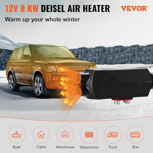 Image of VEVOR Diesel Air Heater 8KW with Muffler, 12V 10L Tank for Boats, Buses, RVs, and Trailers. Includes 8000W Heating Power and LCD Monitor