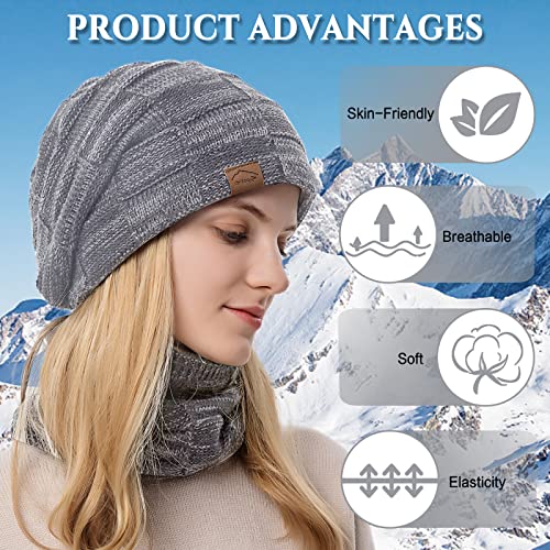 Okstenck Womens Winter Beanie Hat Scarf Set Warm Knit Hats Neck Warmer For Women Thick Fleece Lined Winter Hat Scarfs For Men Light Grey #TOP1