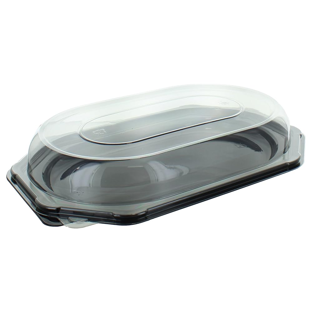 Deli Supplies Pack of 25 Small Octagonal Food, Cake, Sandwich Platter Tray Set, Black Tray Base with Clear Lid Durable Buffet Catering Food Sandwich Trays (L370mm x W250mm x 75mm with Lids)
