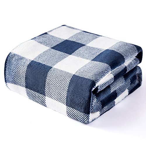 Touchat Fleece Throw Blankets, Buffalo Plaid Throw Blanket For Couch Sofa Bed, Soft Warm Fuzzy Cozy Plush Checkered Blanket, Lightweight Farmhouse Decor 50" X 60" (Navy Blue & White) #TOP3