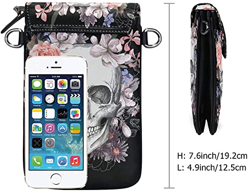 Flower Halloween Sugar Skull Cell Phone Purse Crossbody Bag Pouch Shoulder Bags Wallet for women Girls Travel, 7.6 x 4.9 inches(H x L)3