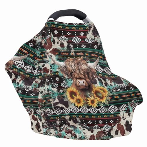 Image of Highland Cow Print Baby Carseat Cover Sunflower Nursing Cover Fashion Carseat Covers Baby Nursing Cover Toddler Boy Girls Breastfeeding Canopy Infant Stroller Cover Car Seat Canopy