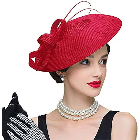 F FADVES Fascinators Pillbox Hat Weddings Women Straw Fedora Vintage Sinamay Base Hats Red Cover