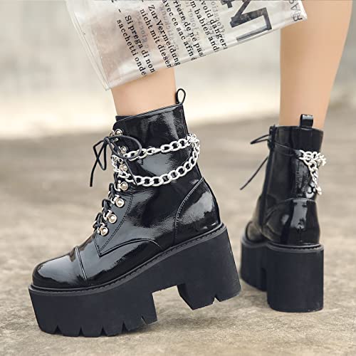 Black Platform Boots for Women with Fashion Chain Chunky Heeled Studded Combat Boots Lace Up and Zipper Goth emo Shoes Cosplay Halloween Ankle Booties for Daughter2