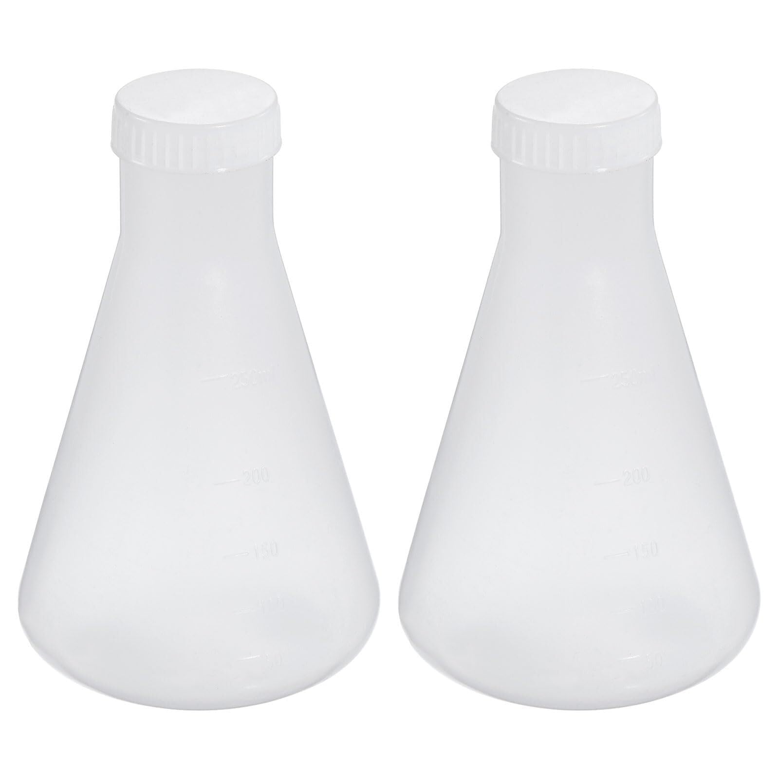 Matraz de Erlenmeyer de Plástico 250ml con Tapón de Roscas, Paquete de 2 Matraz Cónico de Boca Estrecha para Laboratorio, Transparente(250ML)