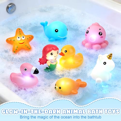 Leuchtendes badespielzeug,8 Stück Badespielzeug,Tier Badewannenspielzeug mit Licht,LED Badewannen Spielzeug,Leuchtende badetiere,Leuchtet Wasserspielzeug Bath Toys,Leuchtet Sensorik Wasserspielzeug
