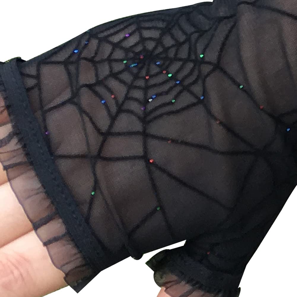 Halloween Handschuhe Damen – Lange Mesh-Armstulpen, Fingerlos Mit Spinnennetz-Spitze, Schwarz, Für Party & Karneval