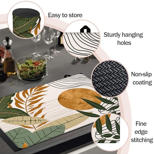 Image of Boho Leaves Stove Top Covers Pad 28 x 20 inches Dish Drying Mat Coffee Bar Mats Kitchen Decor Absorbent Pad Fit Coffee Maker Machine Dish Drying