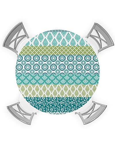 Bohemia Round Waterproof Table Cover Fitted Tablecloth, Wipeable Fabric Elastic Table Cloth Oil-Proof Tablecover for Indoor Outdoor Picnic Party, Geometric Blue Green Turquoise Stripe Flower 45
