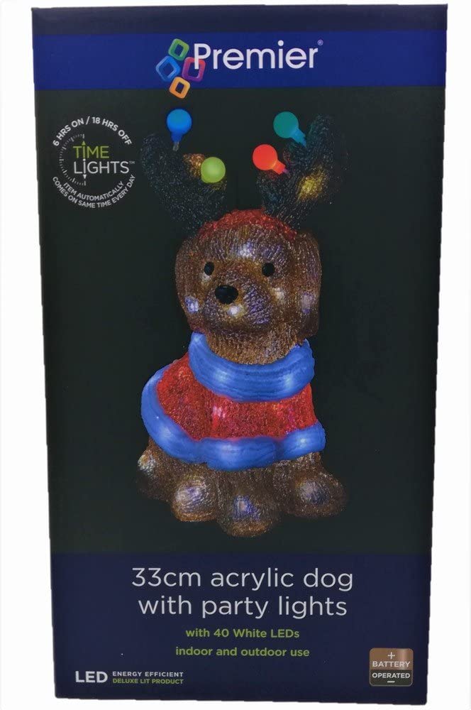 Premier 33cm Acrylic Dog Christmas Decoration with 40 LED Lights LB213132, Multicolor