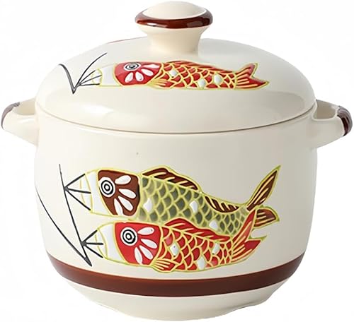 Nozuma 日本風鯉デザイン 茶碗蒸し用蒸し碗 蓋付き 2300ml 大容量 スプーン付き 陶器食器 スープカップ/デザートカップ/ワンプレート兼用 うつわ器
