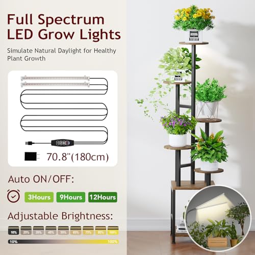 Image of Homsorout Plant Stand Indoor with Grow Light,6-Tiered Tall Plant Stand Indoor, Metal Plant Shelf with Adjustable Light, Ideal for Living Room, Garden, Patio (Black Brown)