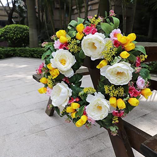 Season's Delight Spring Silk Peony And Tulip Artificial Door Wreath 22Inch, Beautiful Handcrafted Wreath Design, With White Storage Gift Box, Weatherproof Outdoor Wreath #TOP5