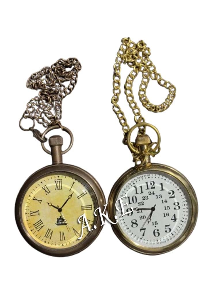 Vintage Style Pocket Watch with Long Chain, Metal Case, Antique Indian Design Set of 2-image-23