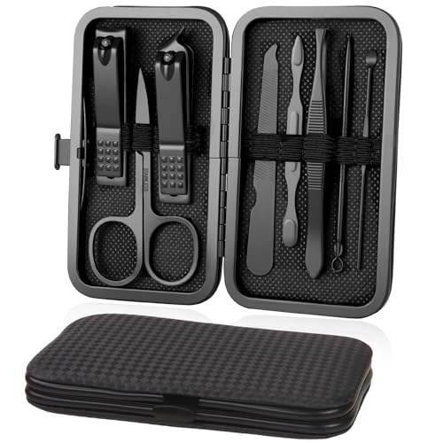 URAQT Manicura Pedicura Set, 8 Piezas Cortaúñas, Tijeras de Uñas con Herramientas Remover Cutícula, Acero Inoxidable, Profesional Cortaúñas para Viajes y hogar, con Caja de Cuero, Negro