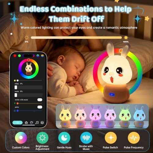 wapentake Bunny Night Light for Kids,Baby Night Lights with 16 Soothing Sounds & Recording Feature,Bluetooth Speaker Night Light for Bedroom,App Remote Control,Personal Sleep Routine Alarm Clock - 1