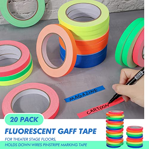 Image of Ctosree Spike Tape Sets, 1 /2 Wide x 65ft Length, 5 Colors Neon Gaffer Tape, Heavy Duty Fluorescent Gaff Tape for Theater Stage Floors, Holds Down Wires Pinstripe Marking Tape (20)