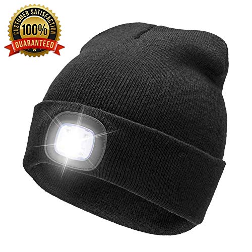RFWIN LED Lighted Beanie Cap, USB Rechargeable 4 LED Headlamp, Unisex Knitted Hat with Light for Night Activities, Cycling, Camping, Hunting, Grilling, Running