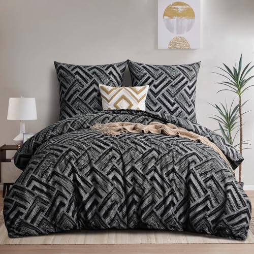 RUIKASI Bettwäsche 155x220 2 teilig Schwarz - Bettbezug 155 x 220 Set mit Geometrie Muster, Bettwäsche-Sets 155x220cm aus Mikrofaser mit Reißverschluss Weich und Bügelfrei