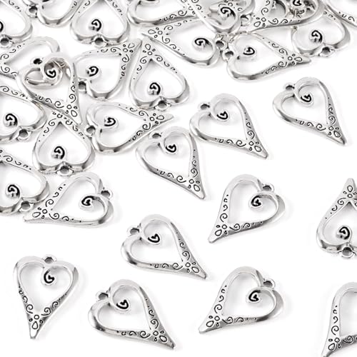 Cheriswelry 30Pcs Tibetan Alloy Heart Charms Antique Silver Heart Metal