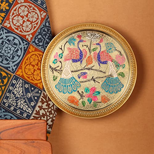 Image of NM Brass Hand Carved Peacock Hanging Wall Plate Golden Finish