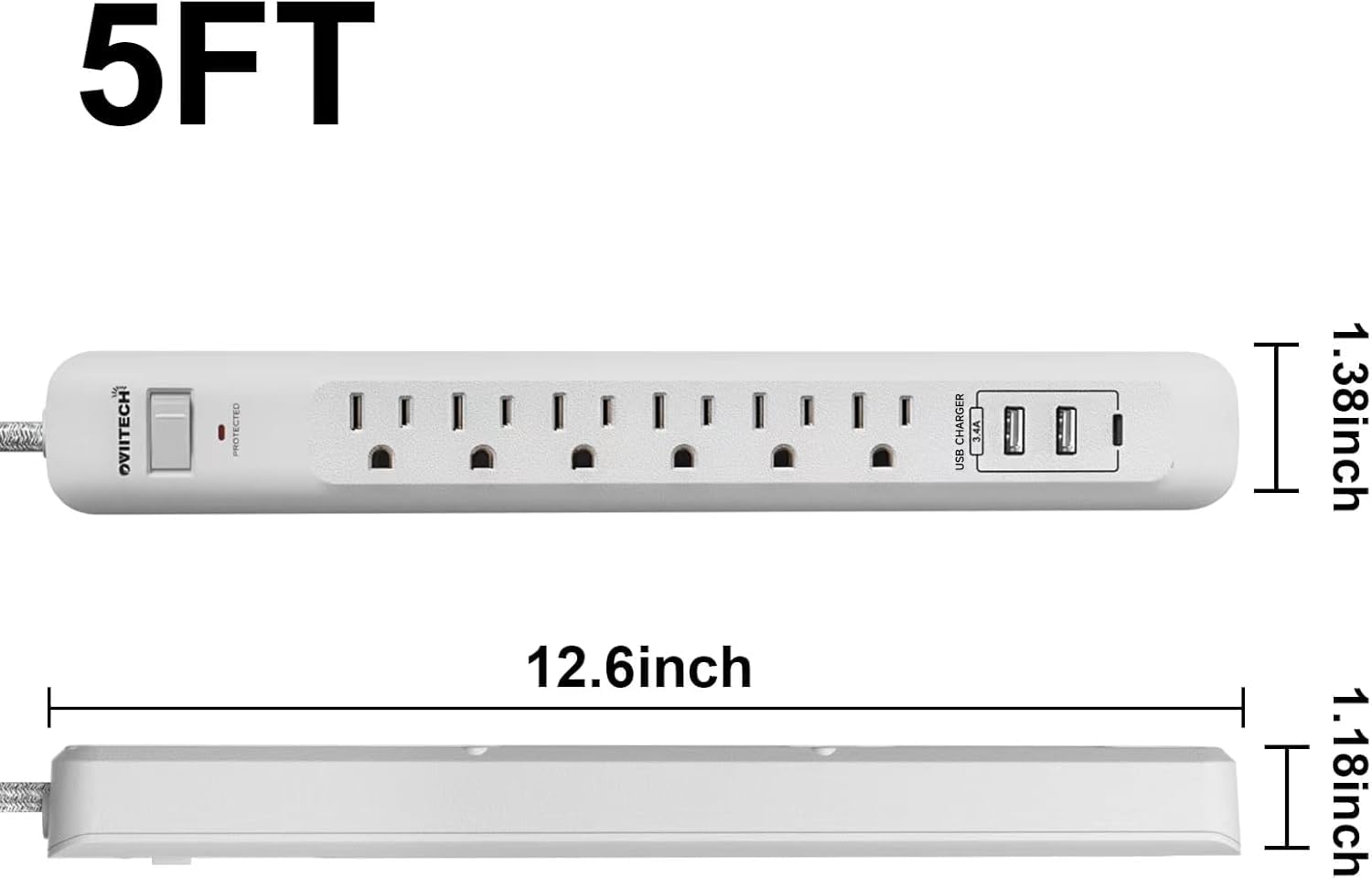 2 Pack Power Strip Surge Protector - 6 Outlets 3 USB Charging Ports (1 USB C), 5Ft Extension Cord, Flat Plug, Overload Protection, Wall Mount for Office Home, Dorm Room White