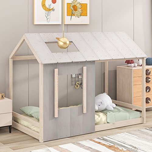Twin House Bed For Kids, Montessori Floor Bed With Roof And Window, Wood Twin Floor Bed Frame With Cottage Style Rustic Design Cabin Playhouse Bed For Girls, Boys,Antique Grey+Antique White #TOP15