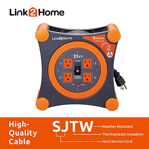 Link2Home Cord Reel 35 ft. Extension Cord 4 Power Outlets – 14 AWG SJTW Cable.
