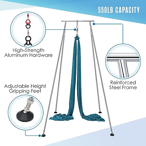 Houseables Aerial Silks, Aerial Yoga Stand, Yoga Swing Stand, Ariel Silks For Home, Ariel Swing, 10 FT Steel Frame, 13 YD Teal Fabric, Hammock, Gymnastics, Acrobatics, Indoor, Equipment Set, Portable