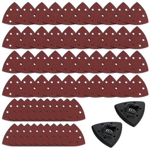 Juego de 62 almohadillas de lija triangulares multifunción, papel de lija para detalles de lijadora de ratón, 60, 80, 120, 180, 240, 320, papel de lija multiherramienta con 2 herramientas para moler y