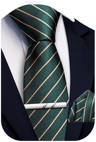 Ailisus 63 inches Green Gold Extra Long Ties for Big and Tall Men Silk Striped Necktie Pocket Square Tie Clip Set Business Wedding