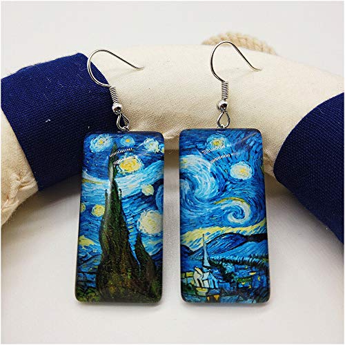 Wixine 2Pair Rectangle Van Gogh Starry Night Landscape Square Circle Van Gogh Starry Night Silver Trendy Glass Earrings2