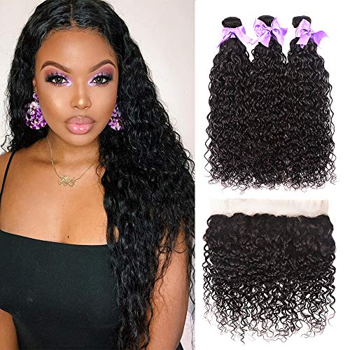 Water Wave Human Hair Bundles With 13X4 Lace Frontal Free Part (18 20 22+16frontal) 8A Brazilian Virgin Wet and Wavy Human Hair Extensions Bundles With Ear to Ear Lace Closure